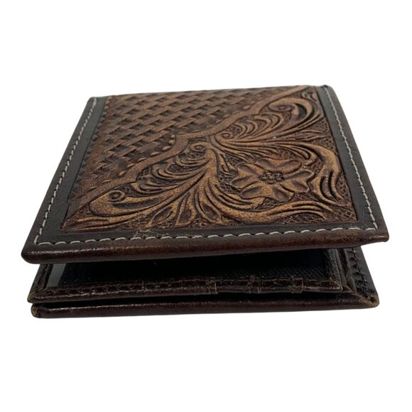 American Bison Men's Hand Tooled Brown Leather Bifold Wallet Floral Weave - Picture 5 of 10